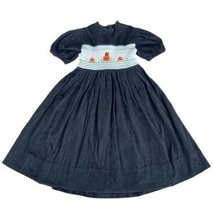 Halloween Smocked Dress Vintage Homemade Black Corduroy Pumpkin Black Cat Smock